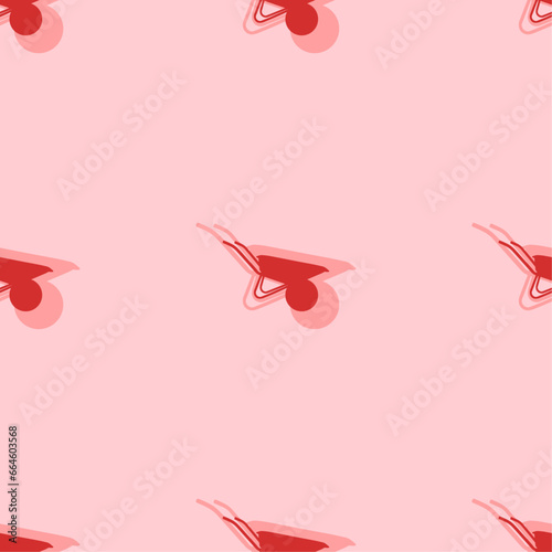 Seamless pattern of large isolated red garden wheelbarrow symbols. The elements are evenly spaced. Vector illustration on light red background