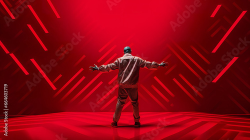 fashion studio shot of black man on red background, rapper or singer artist on stage photo