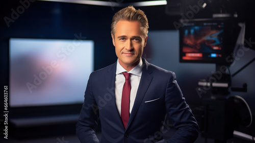 professional TV news presenter at television studio, anchorman broadcasting photo