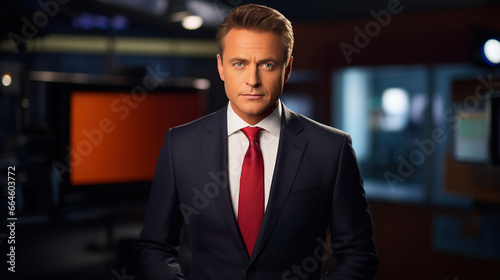 professional TV news presenter at television studio, anchorman broadcasting