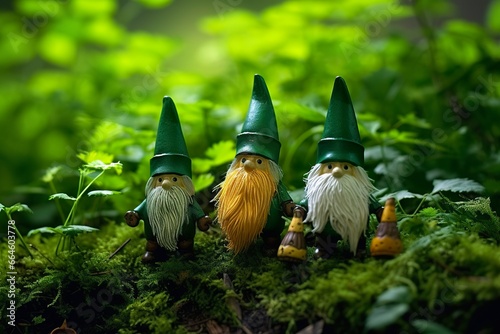 Toy Irish gnomes in a mystery forest, abstract green natural background.