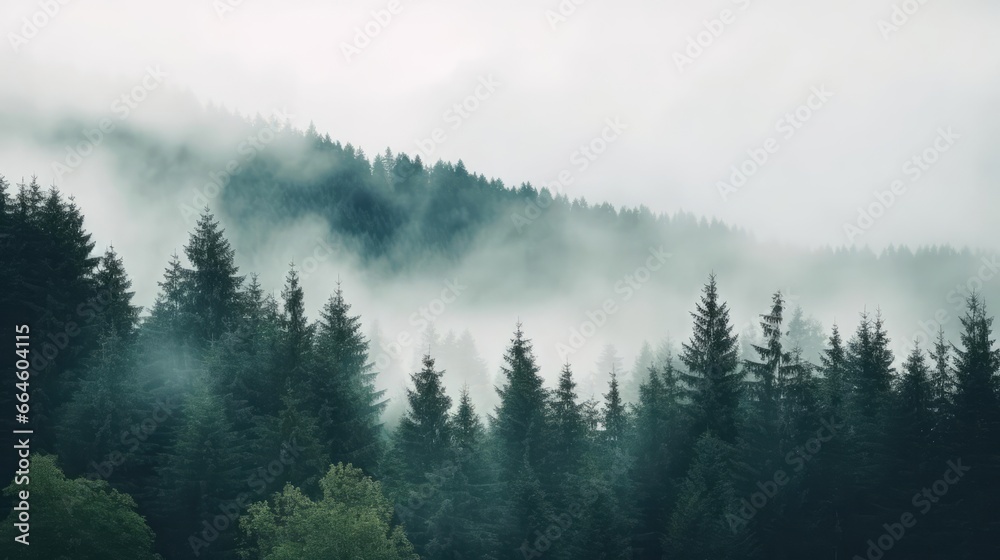 Obraz na płótnie Misty landscape with fir forest in hipster vintage retro style  w salonie