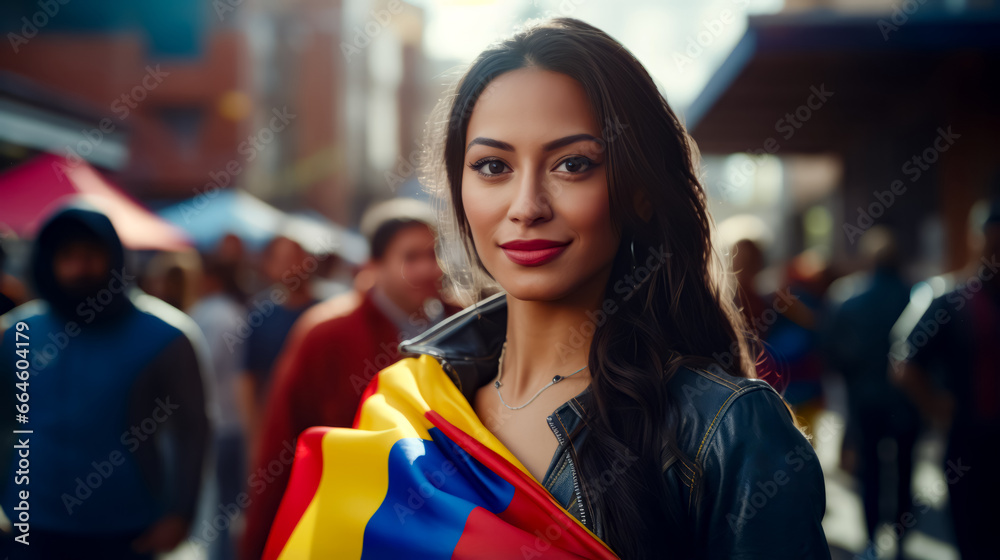 Beautiful woman holding rainbow flag in crowd of people on city street. Beautiful woman holding rainbow flag in crowd of people on city street.