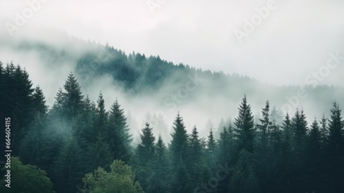 Misty landscape with fir forest in hipster vintage retro style  © Fred