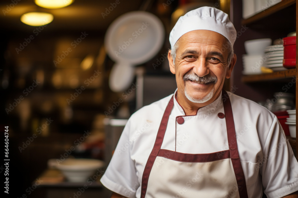 Smiling male chef stands against the background of the kitchen in a cafe Smiling male chef stands against the background of the kitchen in a cafe