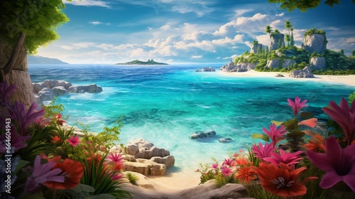 a pristine shoreline where the white sand meets the emerald sea, framed by vibrant tropical flowers in full bloom.
