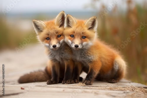 Wild baby red foxes cuddling at the beach. © MstHafija