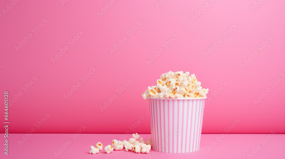 pink bucket of popcorn stands on a plain background, heart, romance, love, date, valentine's day, movie, food, day off, snack, fun, entertainment, pack, corn, film, cinema, card, symbol, sweet, salt