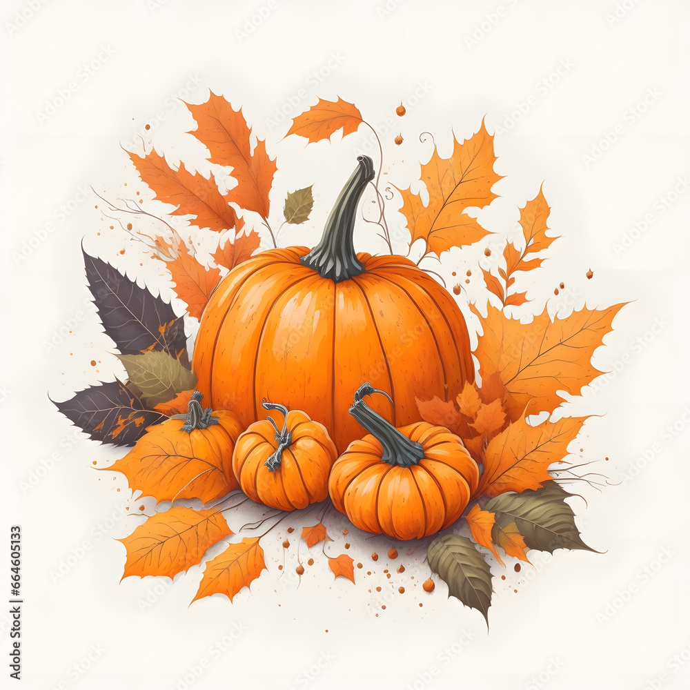 Naklejka premium Autumn Harvest - Pumpkins and Leaves