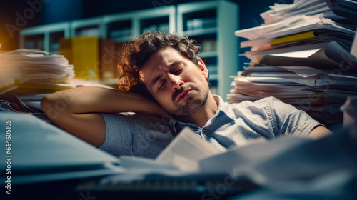Man sleeping on pile of papers in front of bookcase.