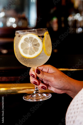 Woman holding glass of gin tonic close up