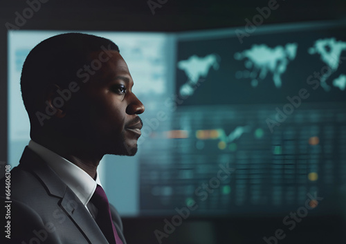 Black businessman with financial charts photo