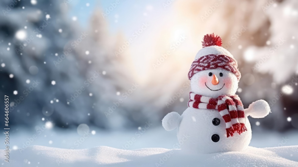 Panoramic view of happy snowman in winter secenery with copy space 