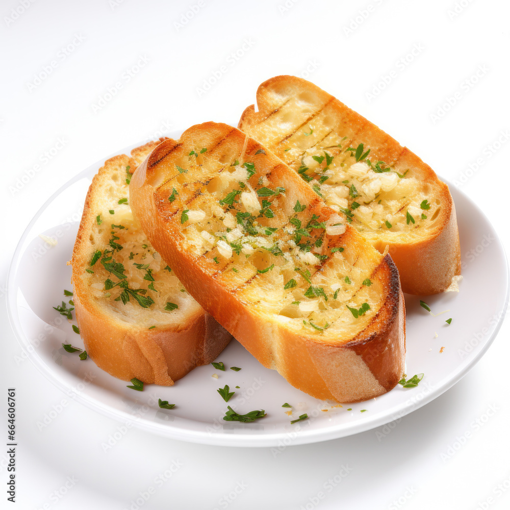 Slices of toasted bread with garlic and herbs on table, closeup