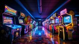 a retro arcade filled with pinball machines