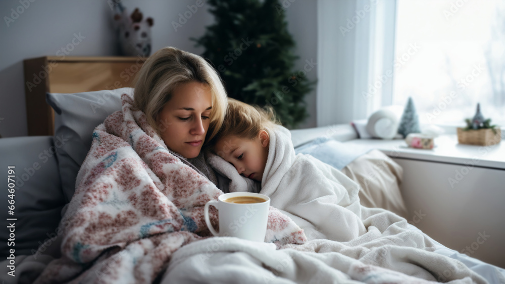 Cozy winter morning scene of mother and her sick daughter cuddled together in bed, wrapped in warm blankets with a cup of hot cacao nearby. Concept of maternal care, family support during sickness Cozy winter morning scene of mother and her sick daughter cuddled together in bed, wrapped in warm blankets with a cup of hot cacao nearby. Concept of maternal care, family support during sickness
