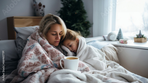 Cozy winter morning scene of mother and her sick daughter cuddled together in bed, wrapped in warm blankets with a cup of hot cacao nearby. Concept of maternal care, family support during sickness