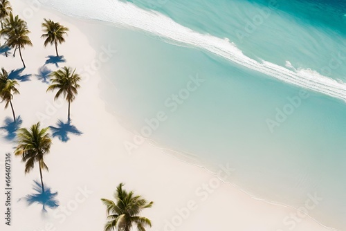Tropischer Strandhintergrund mit Meereswellen, weissem Sand, Palmen und Schatten - Sommerurlaubshintergrund. Reisen und Strandurlaub, Badeferien photo