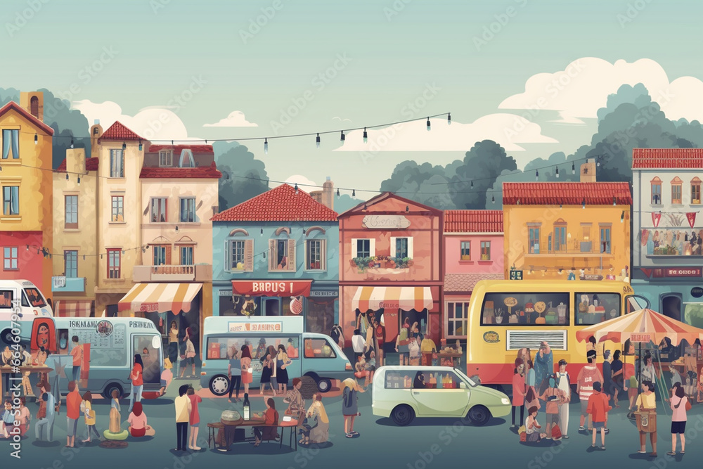 City street with people and cars, vector illustration in retro style. City street with people and cars, vector illustration in retro style.