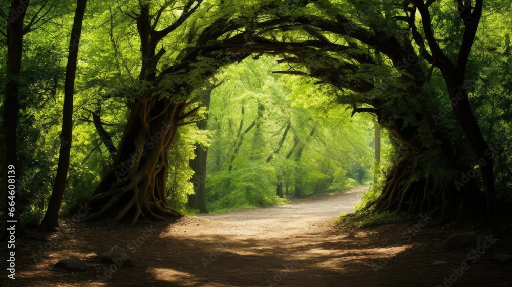 Obraz premium Natural archway shaped by branches in the forest 