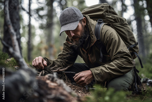 Male hunter in the forest tracking an animal