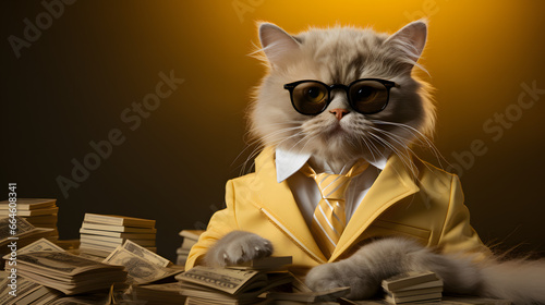 Cool rich successful hipster cat with sunglasses and cash money. Yellow background photo