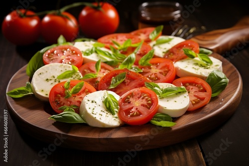 Delicious salad of mozzarella and tomatoes on a wooden board. Generative AI