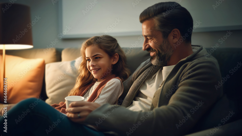 Father and daughter share a warm moment on the couch, embodying harmony, family values, close relationships, coziness. Concept of the importance of family bonds, love, quality time, home comfort Father and daughter share a warm moment on the couch, embodying harmony, family values, close relationships, coziness. Concept of the importance of family bonds, love, quality time, home comfort