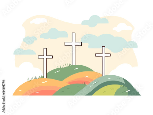 Doodle Three crosses on the hill, cartoon sticker, sketch, vector, Illustration, minimalistic