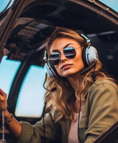 Cute and beautiful blonde woman smiling while flying a helicopter and enjoying the views