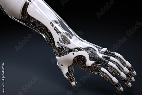 Futuristic hand, cybernetic enhancements.