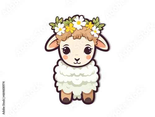Doodle Lamb with flowers, cartoon sticker, sketch, vector, Illustration, minimalistic