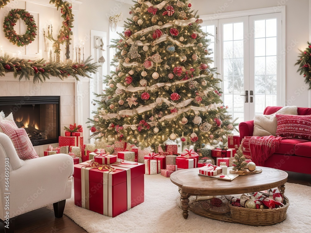 Many Christmas gifts surrounding a tree with decorations near a fireplace in the living room of a house. Christmas and festive atmosphere