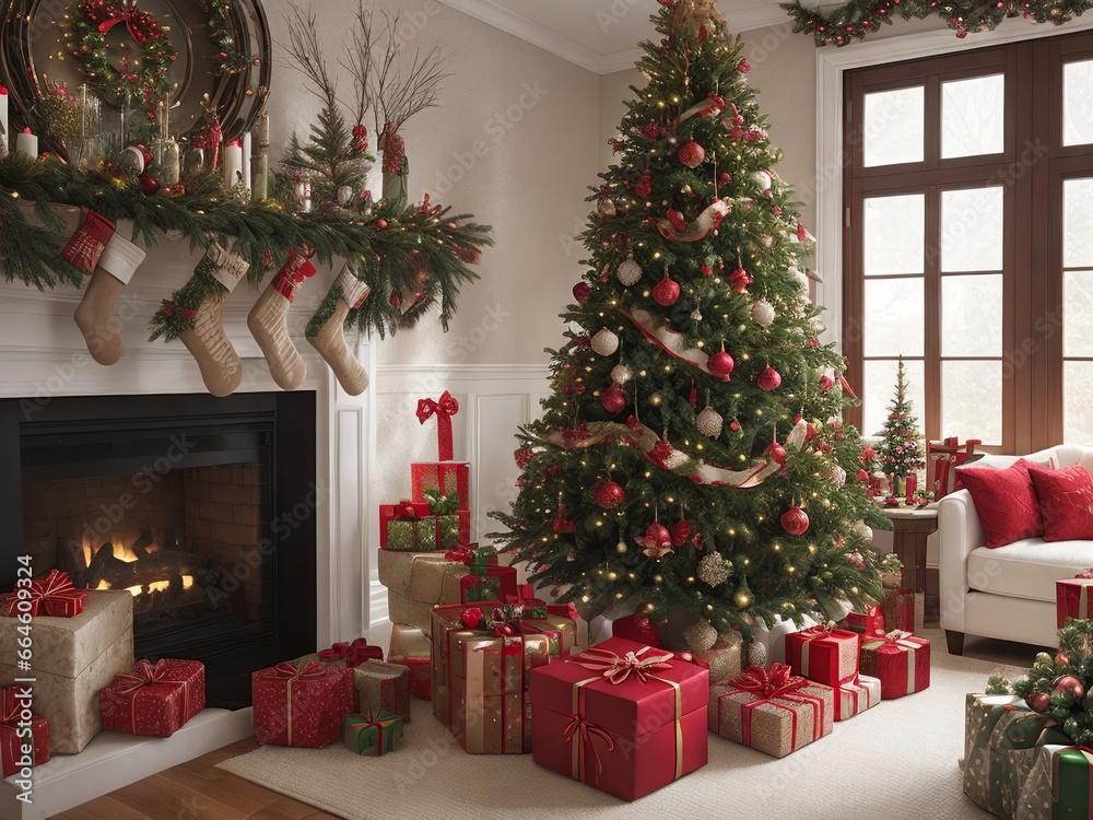 Dazzling Christmas tree with realistic details, surrounded by gifts adorned with ribbons and bows.