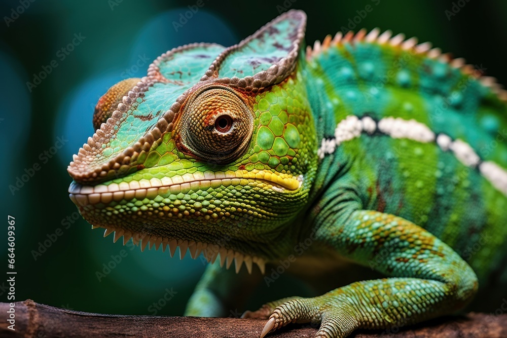 Fototapeta premium Artistic Green chameleon closeup digital. Garden pet. Generate Ai