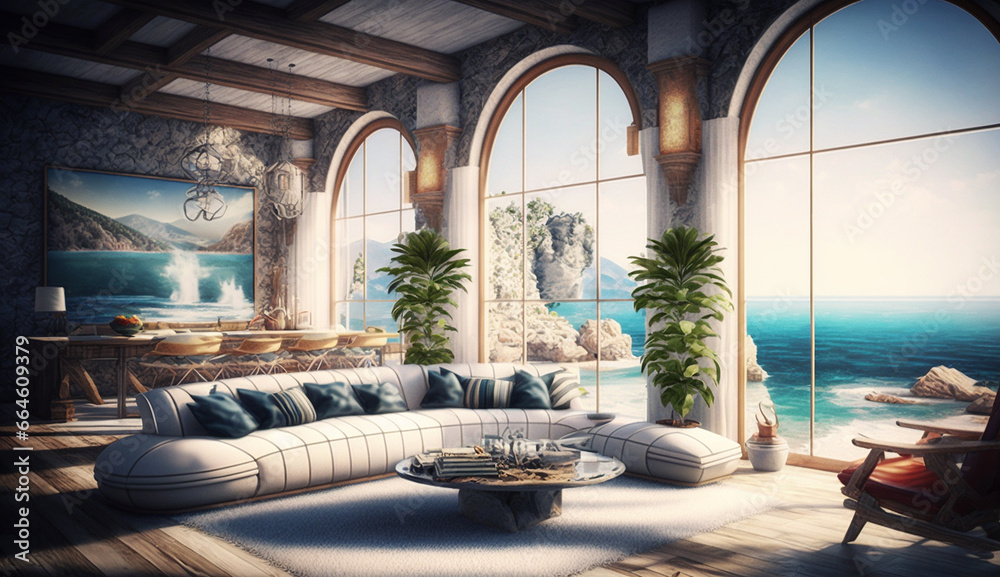 Luxury villa panoramic living room design ocean views interior AI Generated image