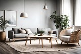 Round coffee table near grey sofa against white wall with art frame. Scandinavian home interior design