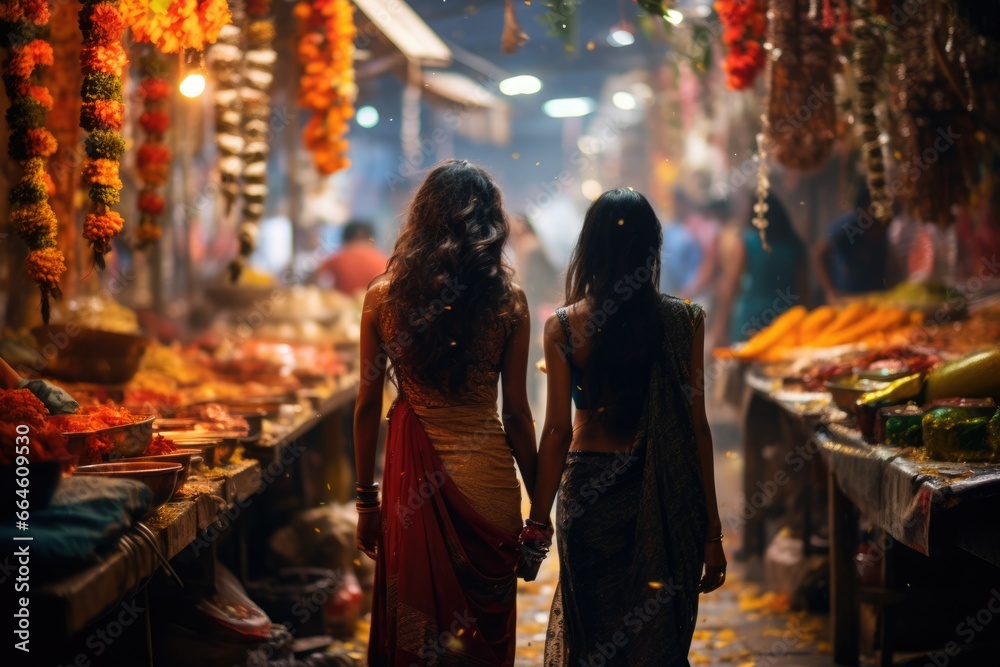 Indian women at the market. Spices. Vibrant colors of the streets of Mumbai. Holi is a festival of colors. - obrazy, fototapety, plakaty 