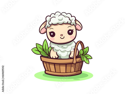 Doodle Lamb with basket, cartoon sticker, sketch, vector, Illustration, minimalistic, image pack