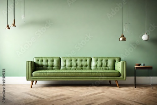 Light green leather sofa against the wall with copy space. Mid-century  retro  home interior design