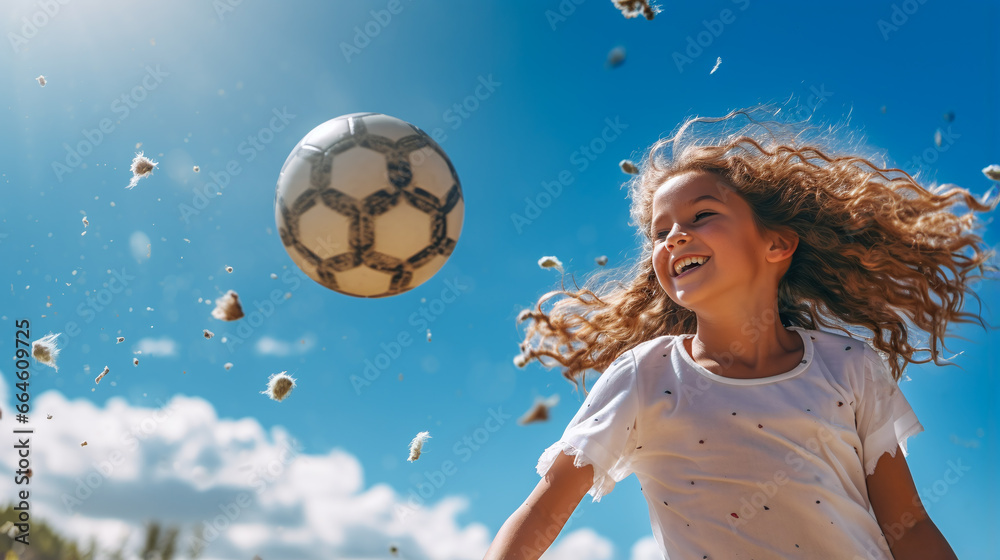 Naklejka premium a girl plays soccer and is beaming with joy