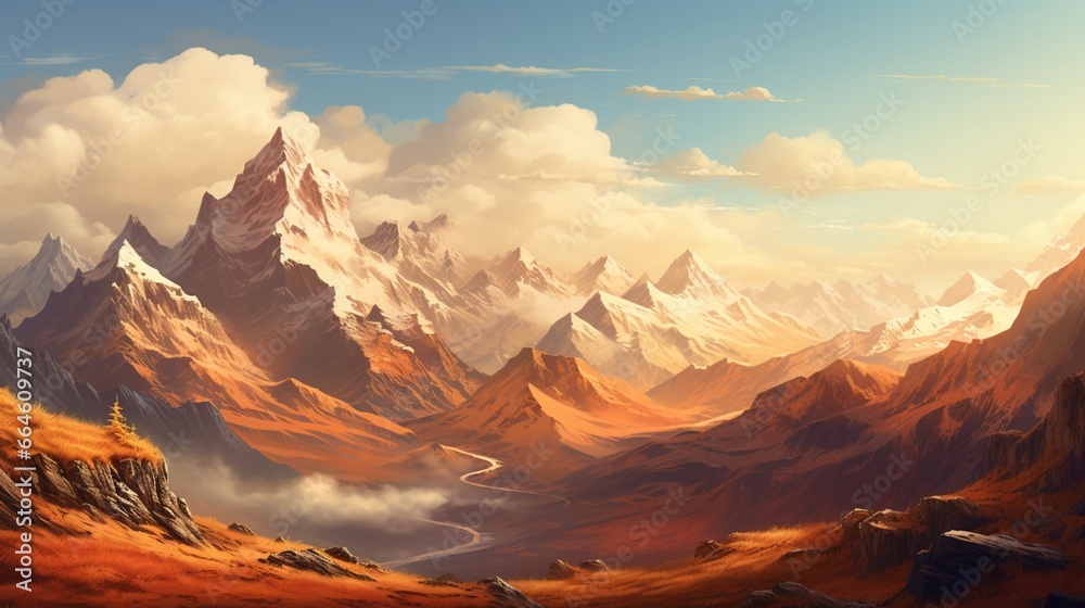 A rugged mountain range with a gradient from earthy brown to snowy white peaks.