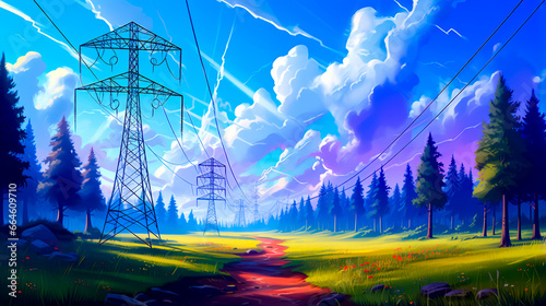 Painting of power line in the middle of field with trees.