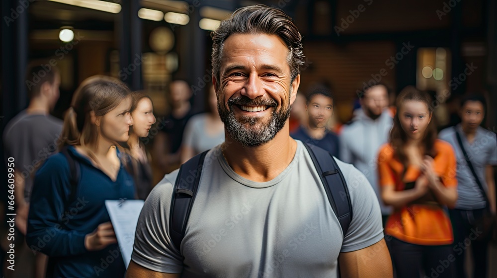 Smiling man in crowd, emanating confidence amid bustle. Smiling man in crowd, emanating confidence amid bustle.