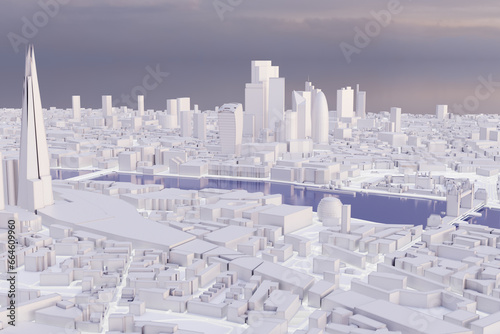 Aerial view of downtown London with financial district and Tower Bridge at sunrise. Low poly illustration of white frosty cardboard buildings.