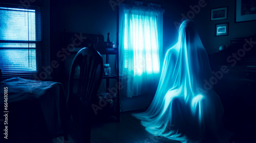 Ghostly woman standing in front of window in dark room with chair.