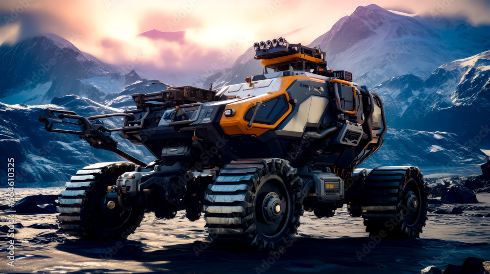 Orange and black vehicle is in the middle of snowy mountain range. Orange and black vehicle is in the middle of snowy mountain range.