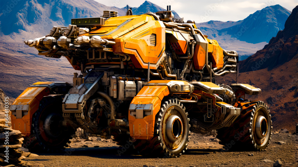 Yellow and black vehicle in desert area with mountains in the background. Yellow and black vehicle in desert area with mountains in the background.
