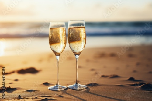Fototapeta Naklejka Na Ścianę i Meble -  Sun-kissed Champagne glasses beach. Celebration drink. Generate Ai