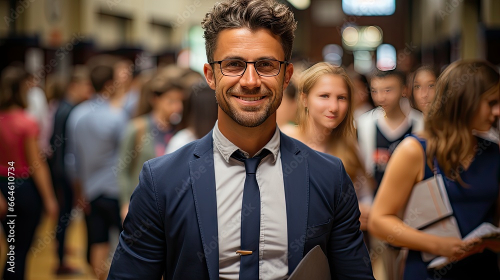 Smiling man in crowd, emanating confidence amid bustle. Smiling man in crowd, emanating confidence amid bustle.